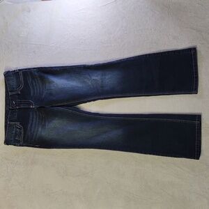 Maurices Dark Blue Boot Cut Jeans with Brown Patch, Embroidered Pockets